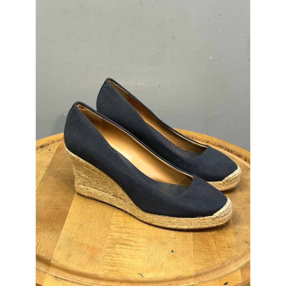 J.Crew Espadrille Wedge Women 8 Navy Blue Canvas Round Toe Pump Summer Heel